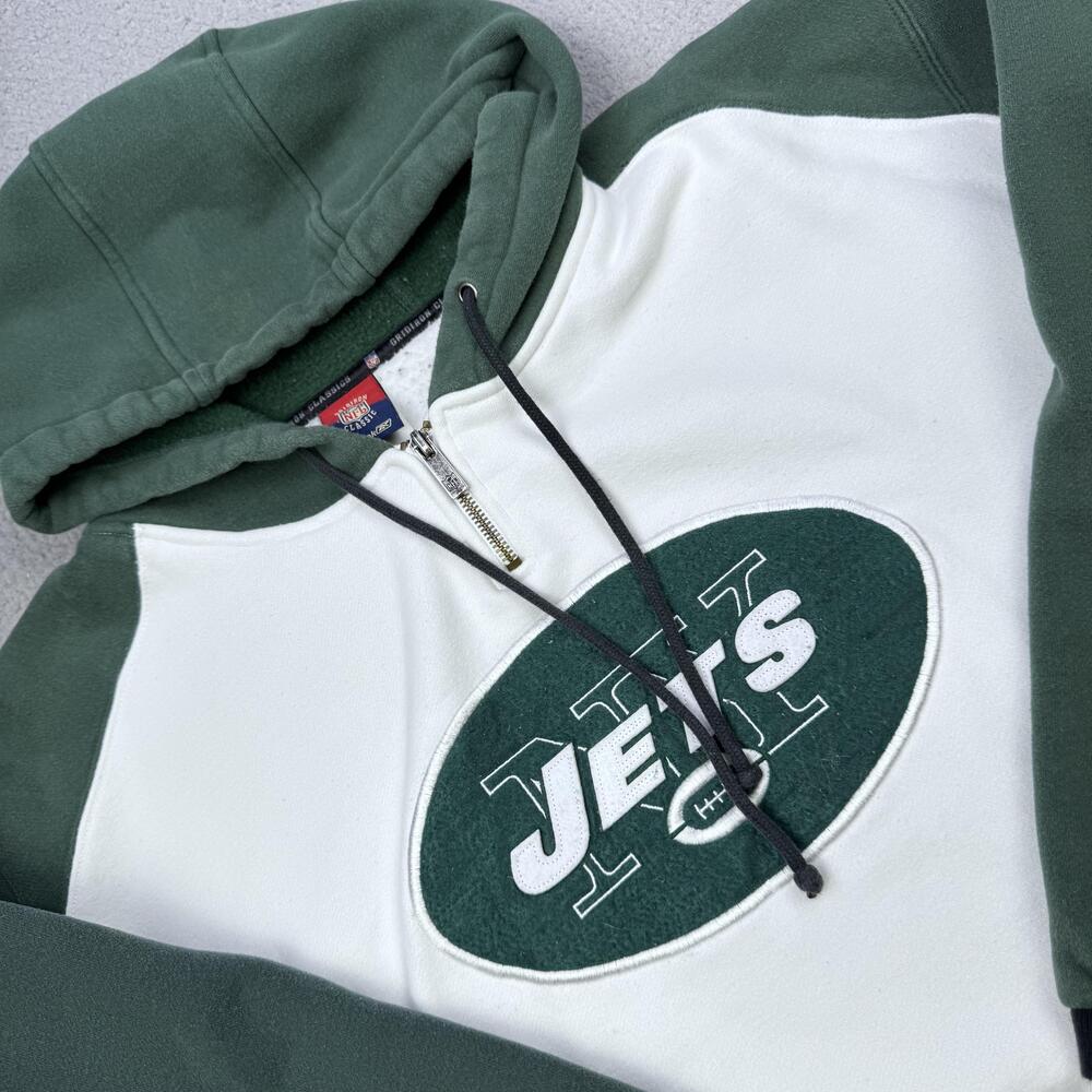 New York Jets Sweater Mens XL Green White NFL Football Hoodie Half Zip Reebok